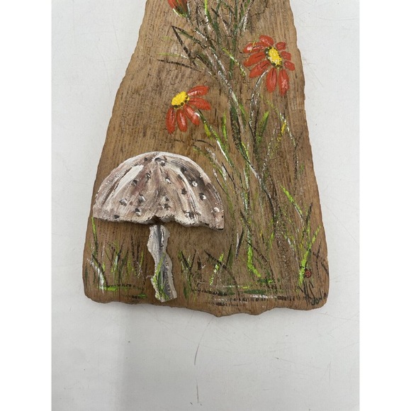 Hand painted driftwood signed mushroom floral kitschy decor MCM rustic - Picture 2 of 5